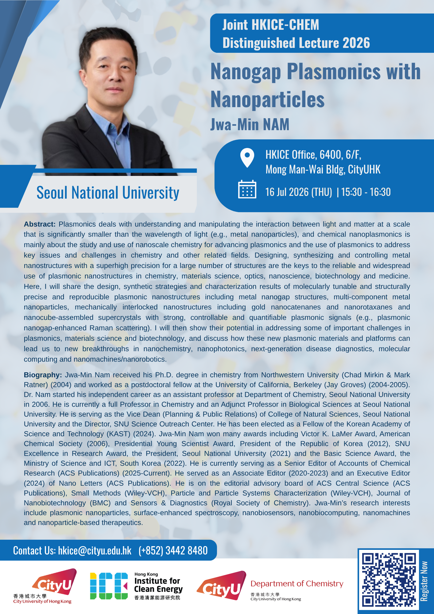 (Invitation) Joint HKICE - CHEM Distinguished Lecture By Prof. Jwa-Min NAM on 16 Jul, 2026